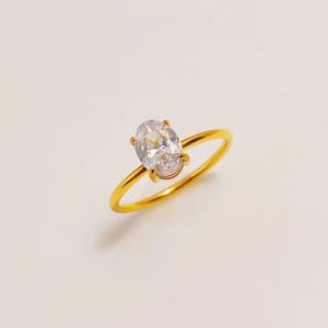 Solitär Oval Diamant Ring, CZ Diamant Silber Prong Set Ring, 18K Vergoldeter Ring, Minimalistischer Versprechensring für Freundin, Abschlussgeschenk
