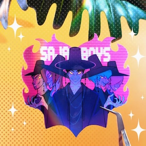 May include: A sticker featuring a group of stylized figures wearing traditional Korean hats and robes. The figures have glowing yellow eyes and are set against a pink and purple background with the text "SA JA BOYS". The sticker has a flame-like border.