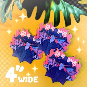 May include: Four stickers, each 4 inches wide, featuring a stylized illustration of a character in a black hat and coat with blue skin and a red and pink flame design. The text "SA 19 BOYS" is visible on each sticker.