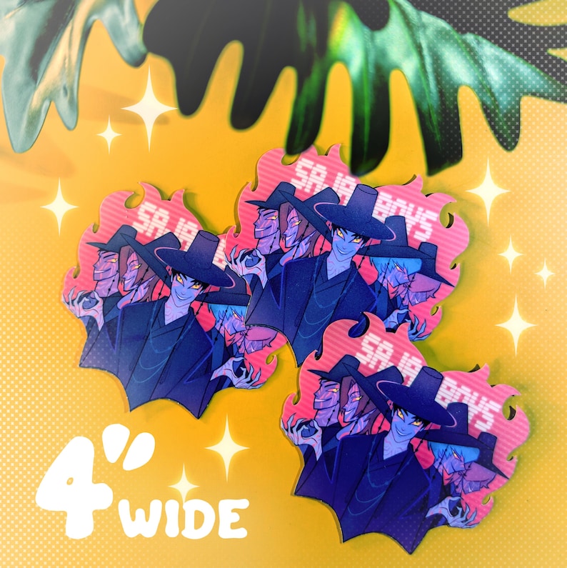 May include: Four stickers, each 4 inches wide, featuring a stylized illustration of a character in a black hat and coat with blue skin and a red and pink flame design. The text "SA 19 BOYS" is visible on each sticker.