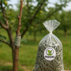 Könnte beinhalten: Ein klarer Plastikbeutel gefüllt mit grünen Streifen, verschlossen mit einem weißen Drehverschluss. Ein runder Aufkleber mit dem Wort "MIDORI" und einem Blattdesign befindet sich auf dem Beutel. Ein kleiner Haufen grüner Streifen liegt auf einer Holzoberfläche.