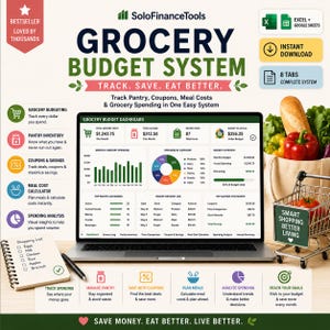 May include: A laptop screen shows a grocery budget system with charts and graphs. The image includes a shopping trolley, a notepad with a shopping list, and icons for tracking spending, managing pantry, and saving with coupons. Text reads "Grocery Budget System."