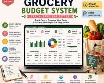 Planilha de orçamento de supermercado, controle de estoque da despensa, planejador de refeições (Google Sheets, Excel), controle de gastos com supermercado, planejador de economia com cupons.