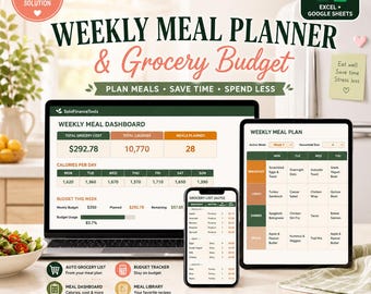Planilha de planejamento de refeições, Planilha do Google, Excel, Lista de compras, Controle de orçamento, Preparação de refeições em família, Inventário da despensa, Organizador de receitas