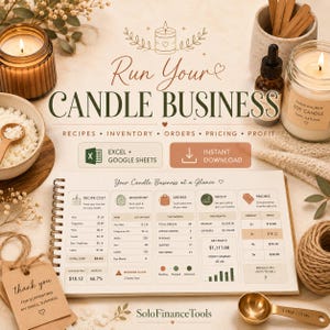 May include: A promotional image for a candle business, featuring a notebook with financial data, candles, and the text "Run Your Candle Business." Includes a thank you tag and a measuring spoon.