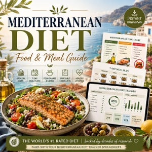 Mediterraan dieetbundel Lijst met levensmiddelen en boodschappenlijst Maaltijdplan, tabel met mediterrane gerechten Gids voor gezonde voeding Meal Tracker Spreadsheet