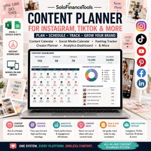 May include: A digital content planner for social media displayed on a laptop screen, featuring a content dashboard, calendar, and analytics. The interface includes sections for total content, engagement, followers, and platform-specific data.