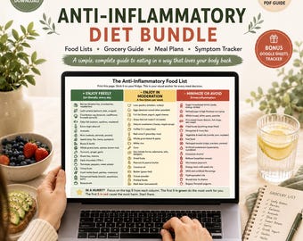 Lista de Alimentos Anti-inflamatórios para Imprimir | Pacote de Dieta Anti-inflamatória em PDF | Plano Alimentar e Lista de Compras | Rastreador de Sintomas | Guia de Alimentação Saudável