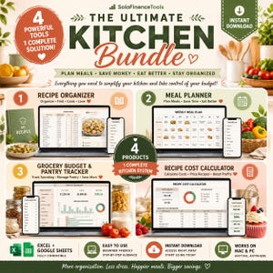 Meal Planner Bundle Recipe Organizer Spreadsheet Grocery Budget & Pantry Tracker Kitchen Planner Google Sheets Excel