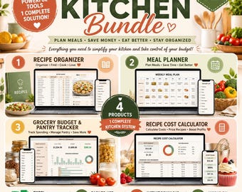 Pacote de Planejamento de Refeições, Organizador de Receitas, Planilha de Orçamento de Compras e Controle de Despensa, Planejador de Cozinha, Planilhas Google e Excel