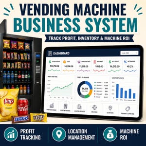 Könnte beinhalten: Ein Warenautomaten-Geschäftssystem mit einem schwarzen Verkaufsautomaten voller Snacks und Getränke neben einem Tablet, das ein digitales Dashboard mit Finanzdaten, Gewinncharts und Bestandsverfolgung für die Geschäftsverwaltung zeigt.