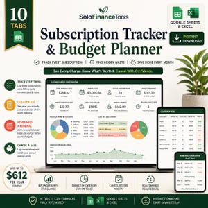 May include: A digital subscription tracker and budget planner is shown on a laptop and two mobile devices. The software features charts, graphs, and financial data, with the text "Subscription Tracker & Budget Planner".