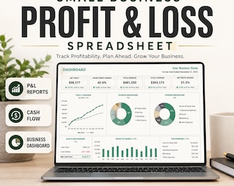 Puede incluir: Una hoja de cálculo digital de pérdidas y ganancias para pequeñas empresas en la pantalla de un portátil. El panel muestra gráficos y datos financieros. El texto incluye "SMALL BUSINESS PROFIT & LOSS SPREADSHEET" y "EXCEL & GOOGLE SHEETS".