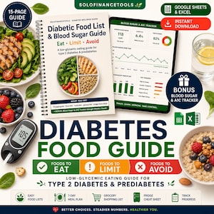 Pode incluir: Um guia alimentar para diabéticos encadernado em espiral com rastreador digital, incluindo um prato de comida saudável, um glicosímetro marcando 105 mg/dL, uma tigela de aveia com frutas vermelhas e um copo de água com fatia de limão.