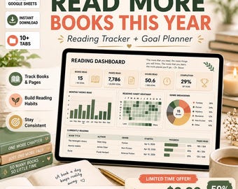 Planilha definitiva para controle de leitura no Google Sheets: diário de leitura, biblioteca digital e registro de livros, rastreador de resenhas de livros, planejador para amantes de livros.