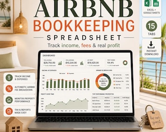 Puede incluir: Una computadora portátil muestra una hoja de cálculo de contabilidad de Airbnb con datos financieros, gráficos y diagramas. La pantalla muestra ingresos, gastos y métricas de ganancias. La imagen incluye iconos para Excel, Google Sheets y descarga instantánea, con el texto "Airbnb Bookkeeping Spreadsheet".