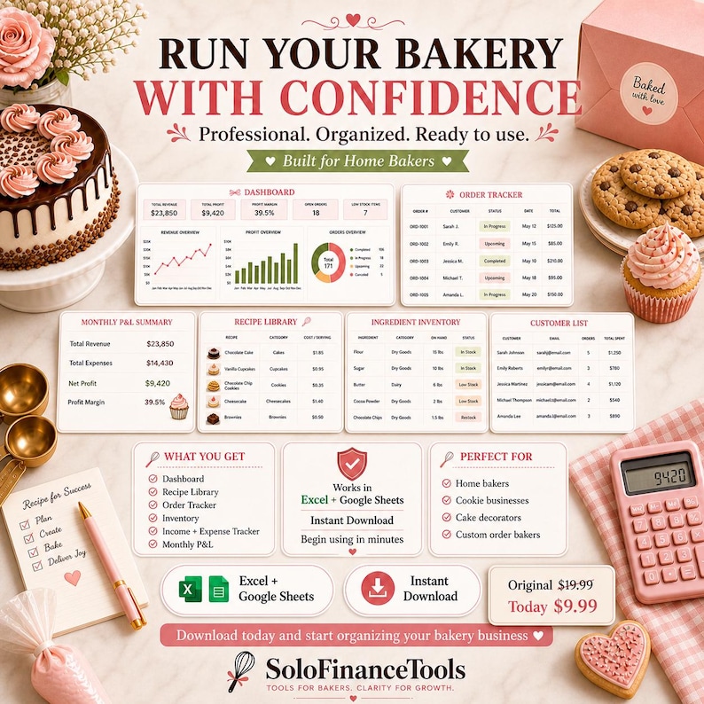 May include: A promotional image for SoloFinanceTools, featuring a pink and white theme. The image includes a cake, cookies, and a cupcake, along with a pink calculator and a notepad. Text includes "Run Your Bakery With Confidence" and "Built for Home Bakers."