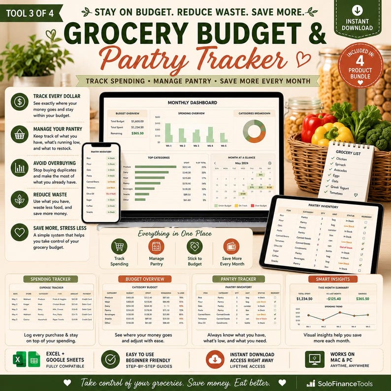 Puede incluir: Un rastreador digital de presupuesto y despensa con el texto "Grocery Budget & Pantry Tracker". La imagen incluye una computadora port&aacute;til, una tableta y un tel&eacute;fono inteligente que muestran informaci&oacute;n de presupuesto e inventario.