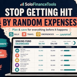May include: Laptop screen displaying a financial dashboard with the text "STOP GETTING HIT BY RANDOM EXPENSES." The dashboard shows savings goals and progress bars. Includes Excel and Google Sheets integration.