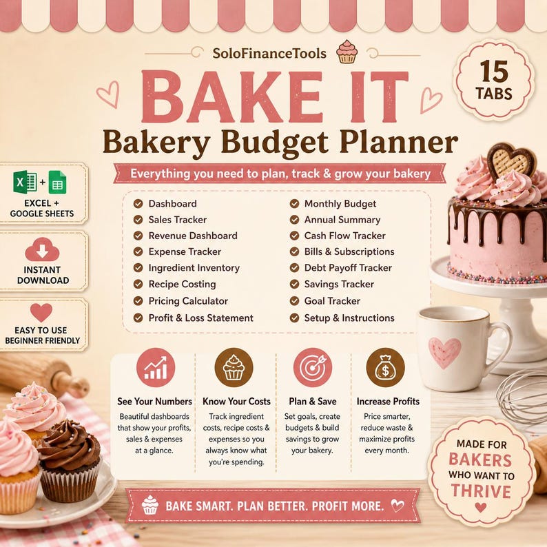 May include: A bakery budget planner with the title "BAKE IT". The planner includes sections for dashboards, sales tracking, and expense tracking. The image also features a cake, cupcakes, and a coffee mug.