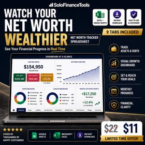 May include: Laptop screen displaying a net worth tracker spreadsheet with financial data visualizations. The text reads "Watch Your Net Worth Wealthier" and includes the phrases "9 Tabs Included" and "Instant Download".