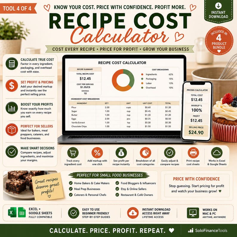 Puede incluir: Gr&aacute;fico digital que promociona una calculadora de costos de recetas. La imagen incluye una computadora port&aacute;til y un tel&eacute;fono inteligente que muestran desgloses de costos, una magdalena y el texto: "Conozca su costo. Precio con confianza. M&aacute;s ganancias." Perfecto para peque&ntilde;as empresas de alimentos.