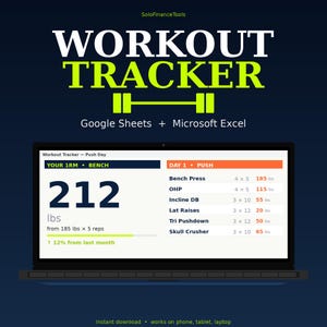 May include: A laptop screen displays a workout tracker with the text "WORKOUT TRACKER" in white and yellow. The screen shows a push day workout with bench press, OHP, and other exercises. The text "212 lbs" is prominent.