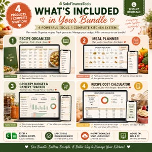 Puede incluir: Anuncio de un paquete de cocina digital, con un organizador de recetas, un planificador de comidas, un rastreador de compras y una calculadora de costos de recetas. La imagen muestra port&aacute;tiles, tabletas y un smartphone.
