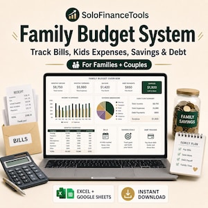 May include: A laptop screen shows a family budget system interface with financial data and charts. The image includes a calculator, receipts, a jar labelled "Family Savings," and a notepad with a family plan. The text reads "Family Budget System."