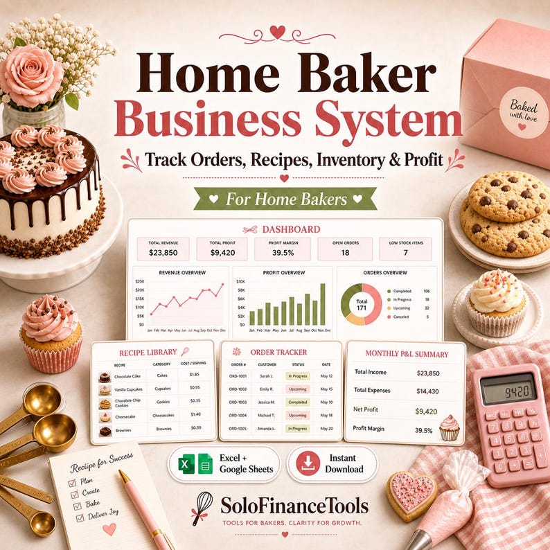 May include: A promotional image for a home baker business system. The image features a cake, cupcakes, cookies, and a pink calculator. Text includes "Home Baker Business System" and "Track Orders, Recipes, Inventory & Profit."