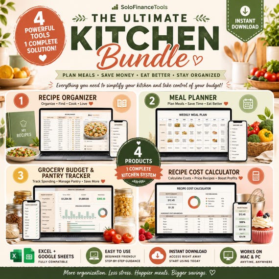 Meal Planner Bundle Recipe Organizer Spreadsheet Grocery Budget & Pantry Tracker Kitchen Planner Google Sheets Excel