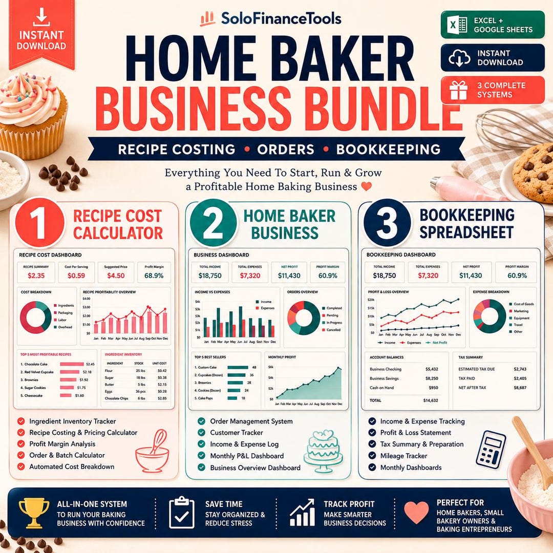 Home Baker Business Bundle Bakery Bookkeeping Spreadsheet Recipe Cost ...