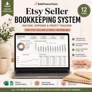 Può includere: Un laptop mostra un sistema di contabilità Etsy Seller, un tracker di entrate, spese e profitti per i venditori Etsy e le piccole imprese. Lo schermo mostra dati finanziari, grafici e grafici. Il testo "Download istantaneo" è incluso.