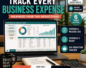 Puede incluir: Un portátil que muestra un rastreador de gastos comerciales con gráficos. La imagen incluye una taza con la inscripción "Focus Plan Grow", un bloc de notas, una calculadora y el texto "Track Every Business Expense". Descarga instantánea.