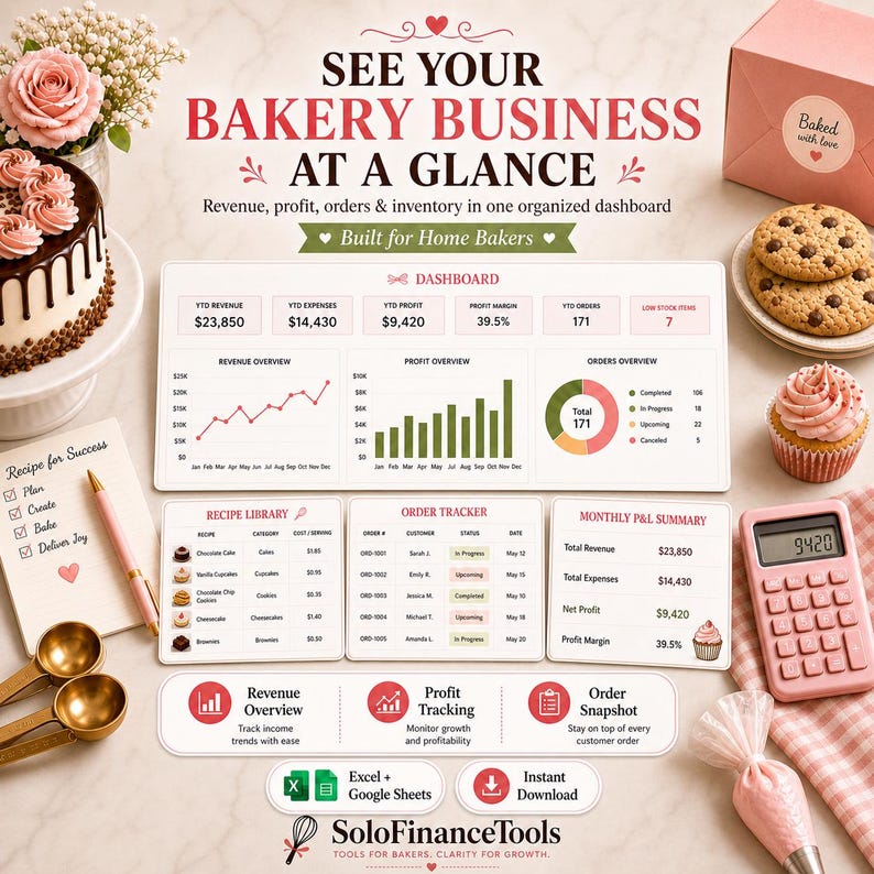 May include: A bakery business dashboard with charts and graphs displaying revenue, profit, and orders. The image includes a cake, cookies, a cupcake, and a pink calculator. Text reads "See Your Bakery Business at a Glance."