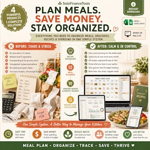 Puede incluir: Una infograf&iacute;a que promueve la planificaci&oacute;n de comidas y la organizaci&oacute;n. Presenta el texto "Planifica tus comidas, ahorra dinero, mantente organizado" con iconos para la organizaci&oacute;n de recetas, la planificaci&oacute;n de comidas y la presupuestaci&oacute;n de comestibles. La imagen contrasta "Antes: Caos y estr&eacute;s" con "Despu&eacute;s: Calma y control".