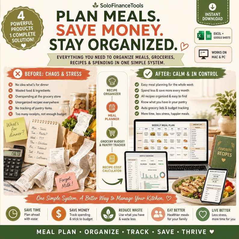 Puede incluir: Una infograf&iacute;a que promueve la planificaci&oacute;n de comidas y la organizaci&oacute;n. Presenta el texto "Planifica tus comidas, ahorra dinero, mantente organizado" con iconos para la organizaci&oacute;n de recetas, la planificaci&oacute;n de comidas y la presupuestaci&oacute;n de comestibles. La imagen contrasta "Antes: Caos y estr&eacute;s" con "Despu&eacute;s: Calma y control".