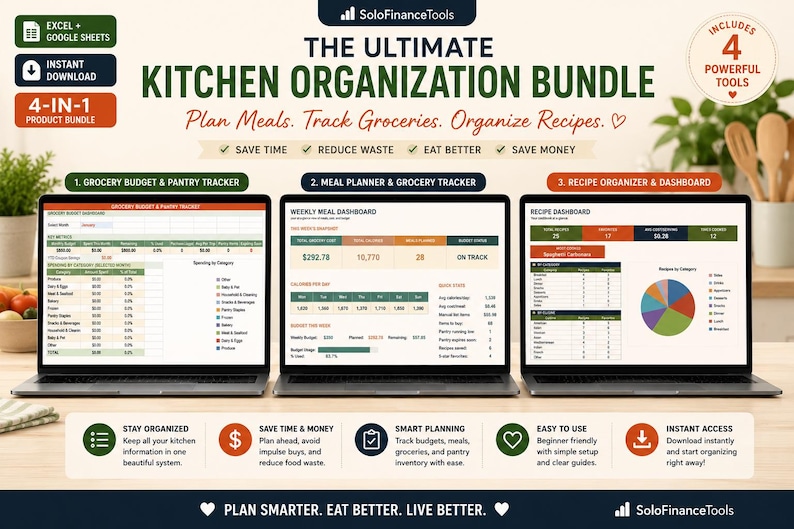 Puede incluir: El Ultimate Kitchen Organization Bundle, con Excel y Google Sheets, se muestra en tres port&aacute;tiles. El paquete incluye un presupuesto de comestibles, un planificador de comidas y un organizador de recetas. El texto destaca caracter&iacute;sticas como el ahorro de tiempo y dinero.