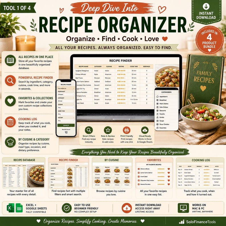 Puede incluir: Un organizador de recetas digital con una computadora port&aacute;til, un tel&eacute;fono inteligente y un libro de recetas f&iacute;sico. La pantalla muestra un buscador de recetas con categor&iacute;as y opciones de cocina. La imagen tambi&eacute;n incluye iconos para la base de datos de recetas, la cocina, favoritos y registro de cocina.