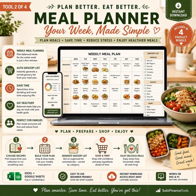Puede incluir: Gr&aacute;fico de planificador de comidas digital con el texto "Meal Planner Your Week, Made Simple". Incluye un port&aacute;til que muestra un plan de comidas semanal, un tel&eacute;fono inteligente y recipientes de comida. La imagen promueve una alimentaci&oacute;n saludable y la planificaci&oacute;n de comidas.