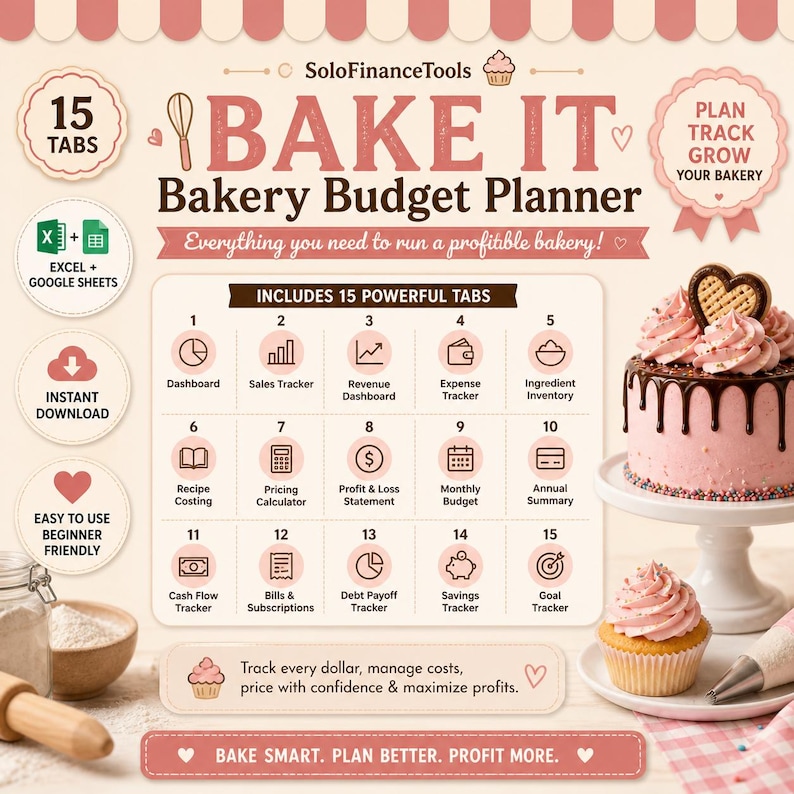 May include: A pink and white bakery budget planner with the text "BAKE IT" and "Bakery Budget Planner." The image includes icons for Excel, instant download, and beginner-friendly use. A decorated cake and cupcake are also featured.