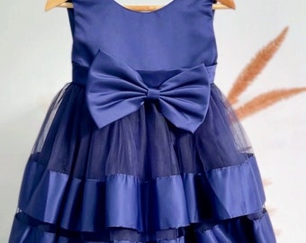 Baby girls sleeveless navy blue multi layered handmade bow dress party photoshoot celebration 1st birthday Coquette Style cake smash