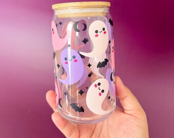 Blushing ghosts glass cup, 16oz glass cup, spooky season glass cup, iced coffee glass cup, glass cup with lid and glass straw, fall season
