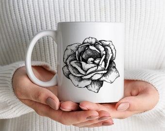 Simple Rose Ceramic Mug, Elegant Coffee or Tea Cup Gift (11oz)