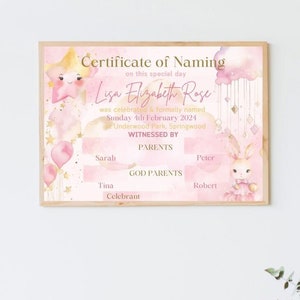 Certificado de Dedicación Infantil Personalizado, Certificado de Nombramiento de Bebé, Certificado Digital, Certificado de Bautismo, Rosa, Niña, Bonita