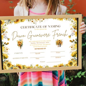 Certificado de dedicación infantil personalizado, Certificado de nombramiento de bebé, Certificado digital, Certificado de bautismo, Girasol, Bonita