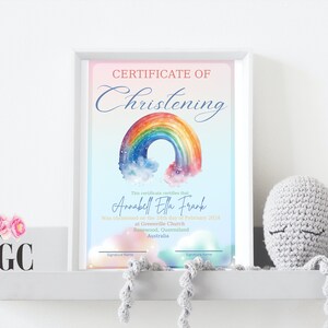 Certificado personalizado de dedicación infantil, Certificado de nombramiento de bebé, Certificado digital, Certificado de bautismo, Arco iris, Dulce, Lindo