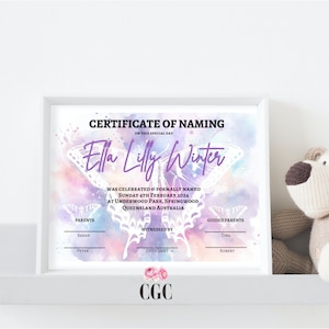 Certificado personalizado de dedicación infantil, Certificado de nombramiento de bebé, Certificado digital, Certificado de bautismo, Mariposa, Lindo, Colorido