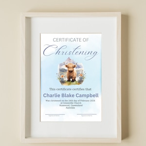 Certificado personalizado de dedicación infantil, Certificado de nombres de bebés, Certificado digital, Certificado de bautismo, Vaca de las Tierras Altas, Lindo