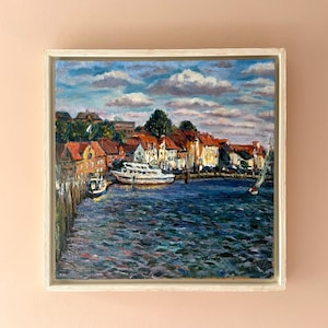 Mid-century oil on panel still-life painting of boats in a harbour. Signed vintage original art framed
